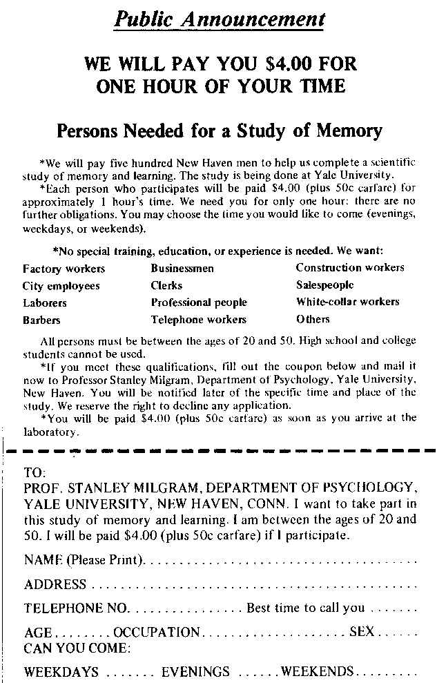 Anuncio del experimento de Milgram